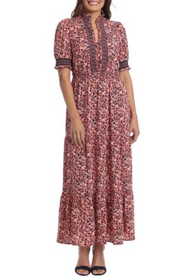 Women's Short Sleeve Border Print Crepe Midi Dress