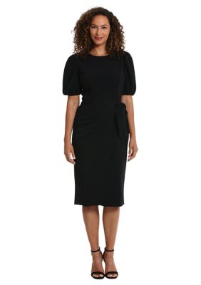 Women's Short Puff Sleeve Solid Side Tie Scuba Crepe Sheath Dress