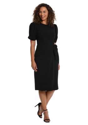 Women's Short Puff Sleeve Solid Side Tie Scuba Crepe Sheath Dress