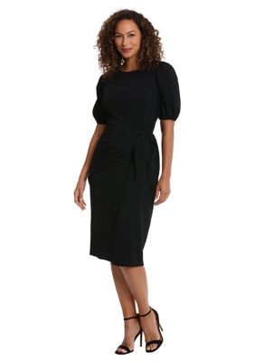 Women's Short Puff Sleeve Solid Side Tie Scuba Crepe Sheath Dress