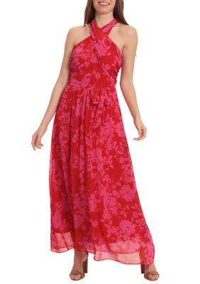 Women's Sleeveless Halter Neck Tie Waist Printed Maxi Dress