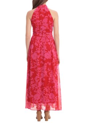 Women's Sleeveless Halter Neck Tie Waist Printed Maxi Dress