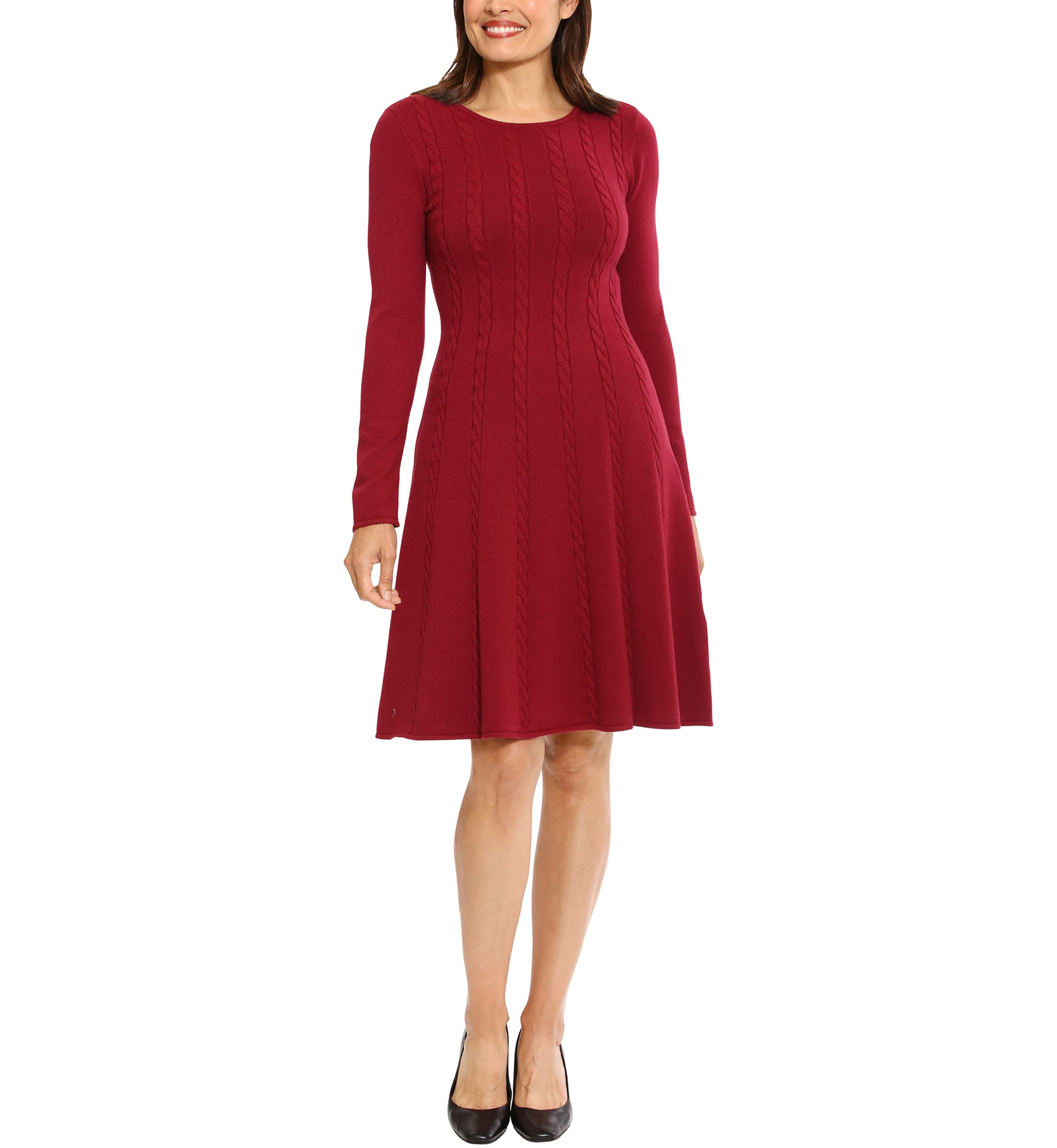 London Times Women's Long Sleeve Cable Knit Fit & Flare Dress, Large