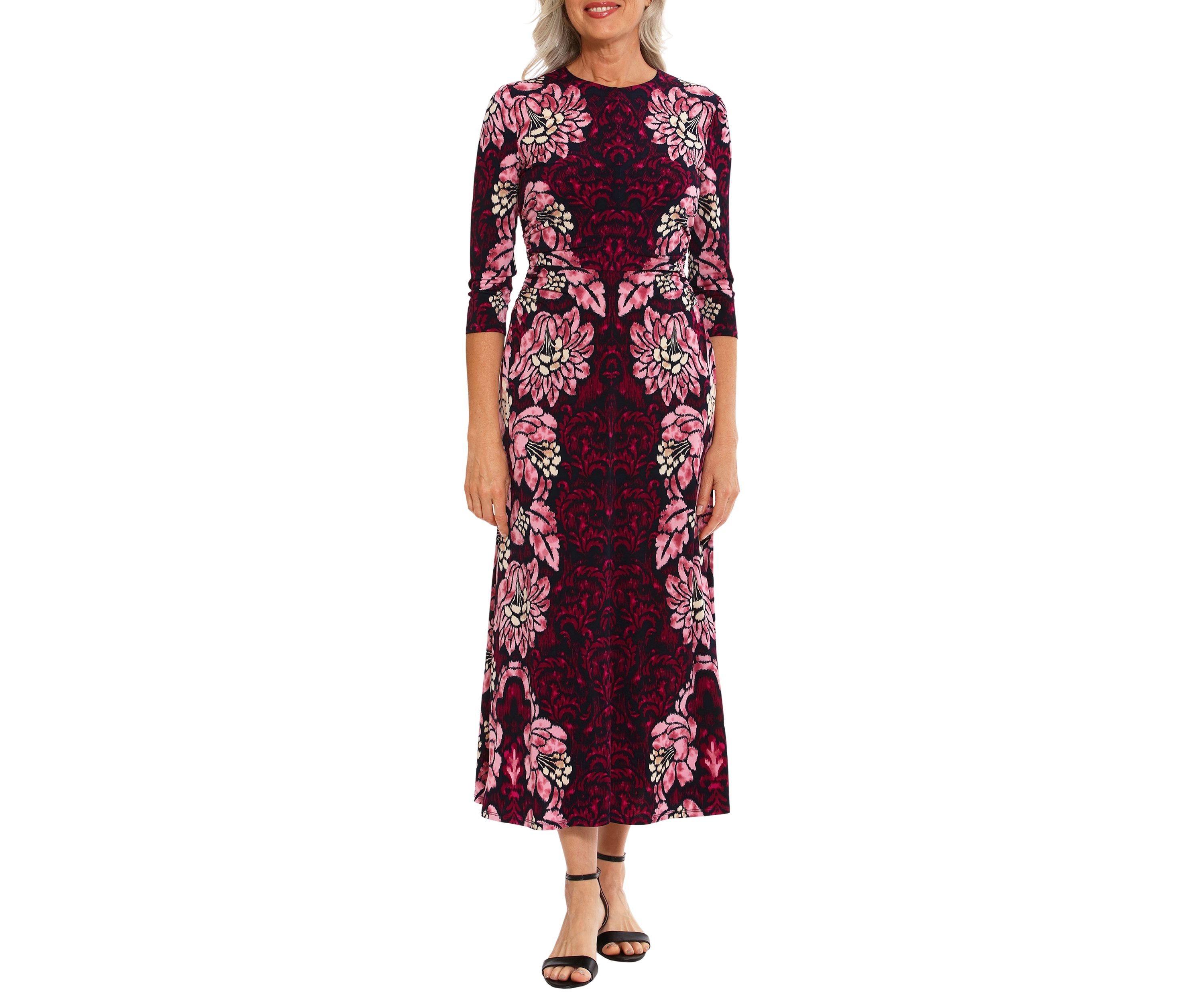 Womens 3/4 Sleeve Crew Neck Floral Print Maxi Sheath Dress