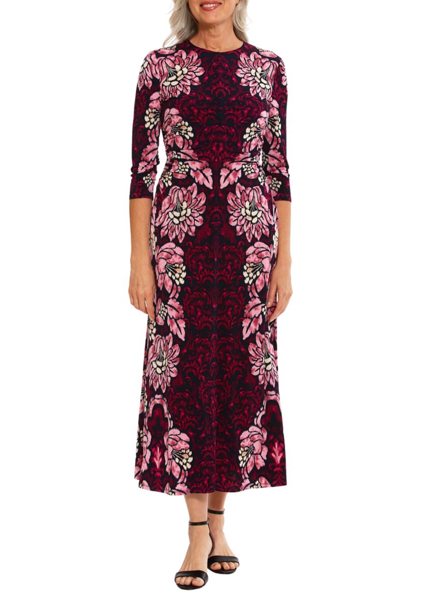 Womens 3/4 Sleeve Crew Neck Floral Print Maxi Sheath Dress