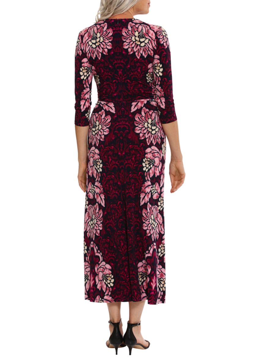 Womens 3/4 Sleeve Crew Neck Floral Print Maxi Sheath Dress
