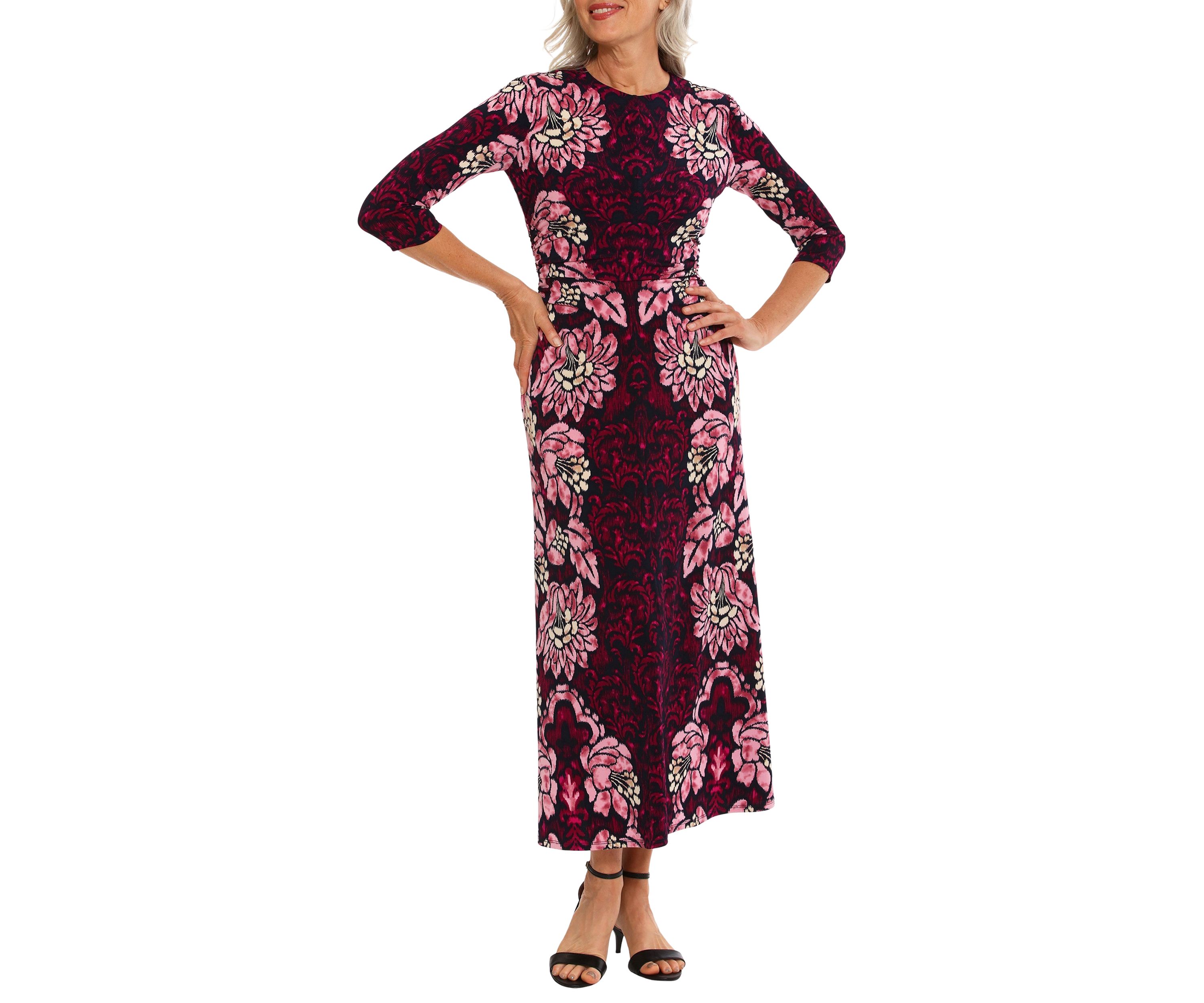 Womens 3/4 Sleeve Crew Neck Floral Print Maxi Sheath Dress