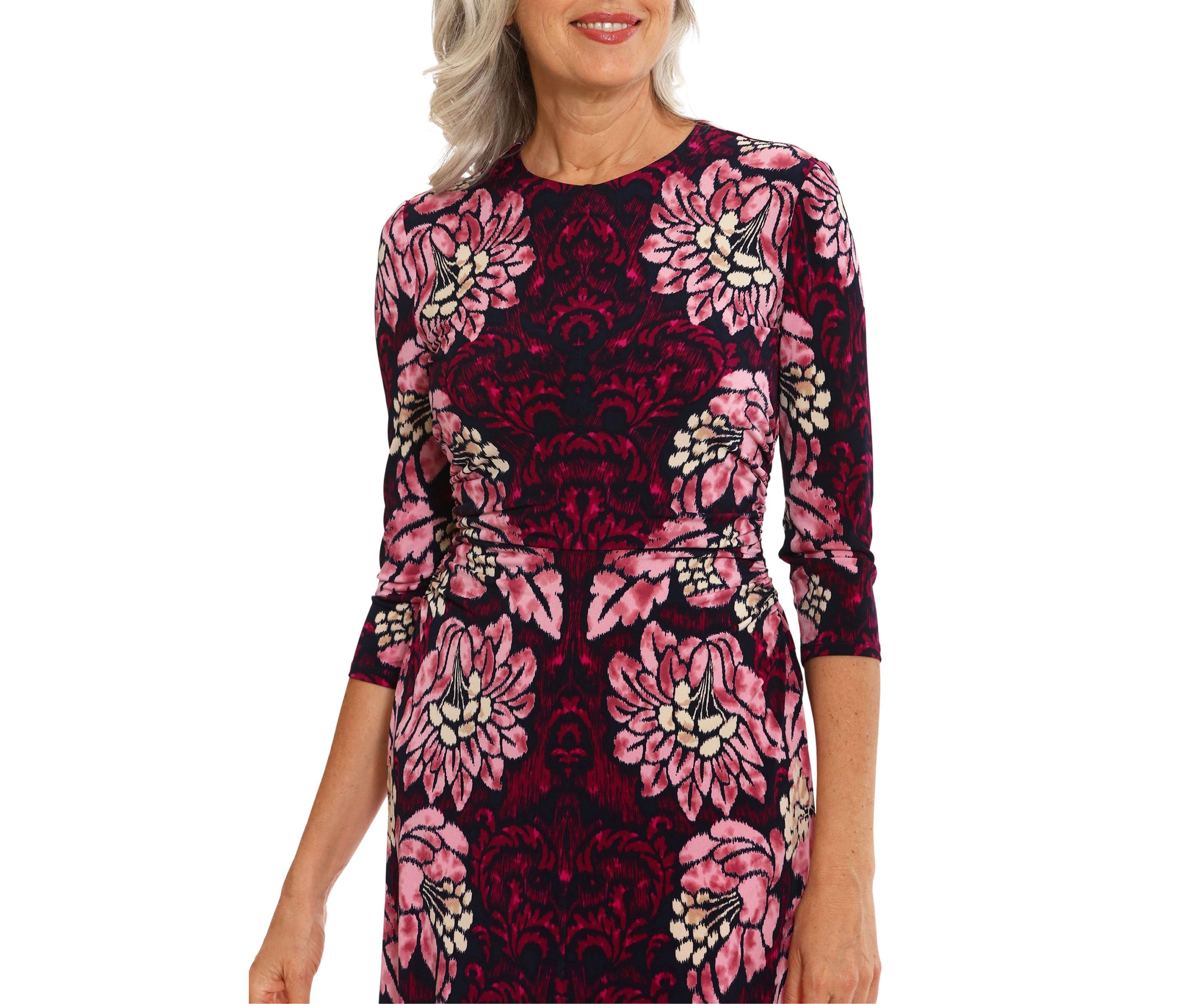 Womens 3/4 Sleeve Crew Neck Floral Print Maxi Sheath Dress