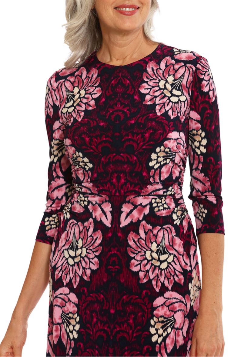Womens 3/4 Sleeve Crew Neck Floral Print Maxi Sheath Dress