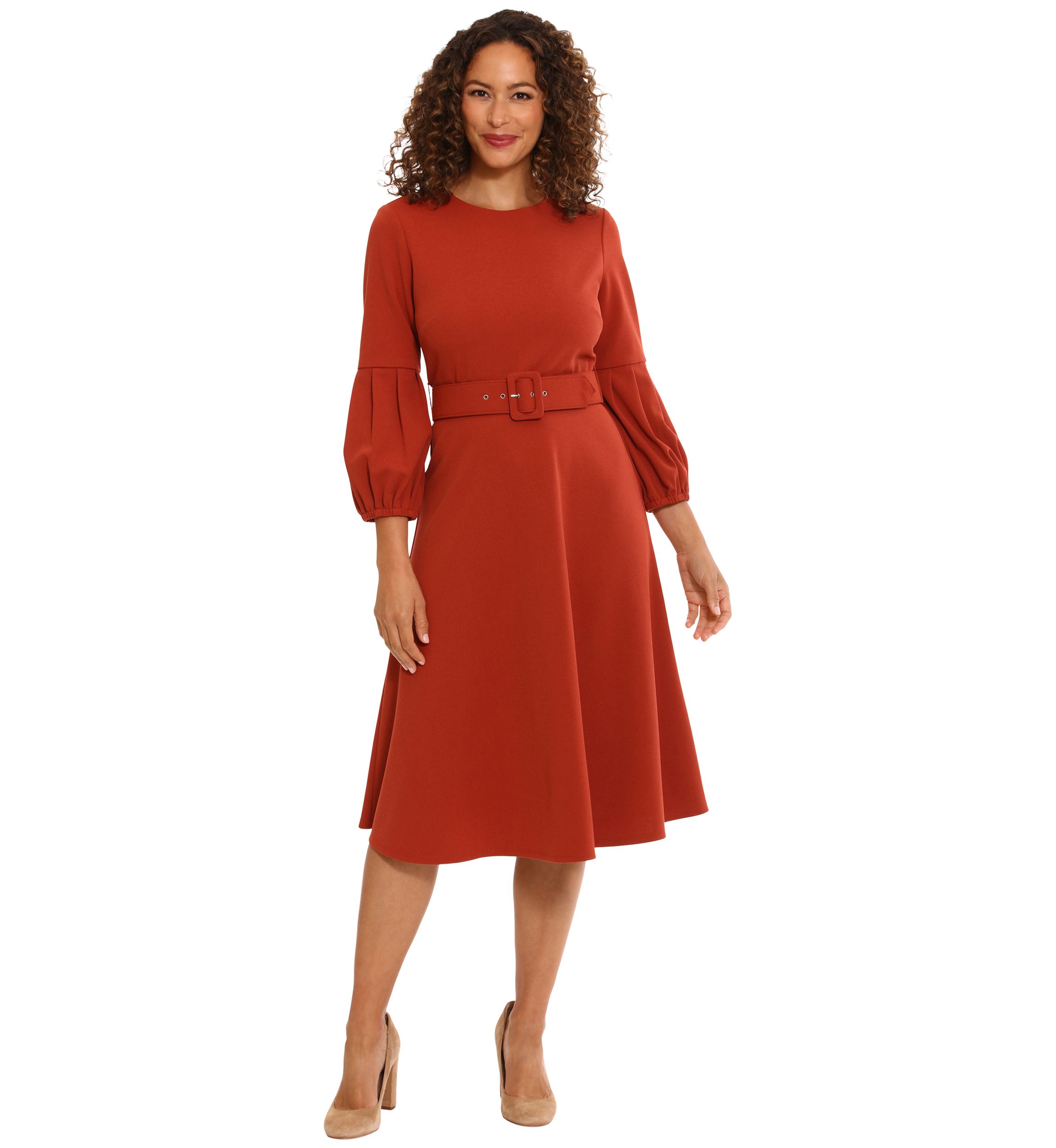 Womens Belted Fit and Flare Dress