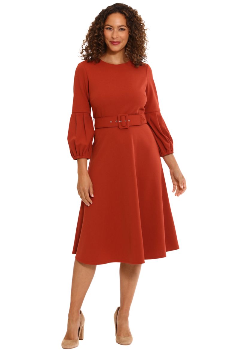 Womens Belted Fit and Flare Dress