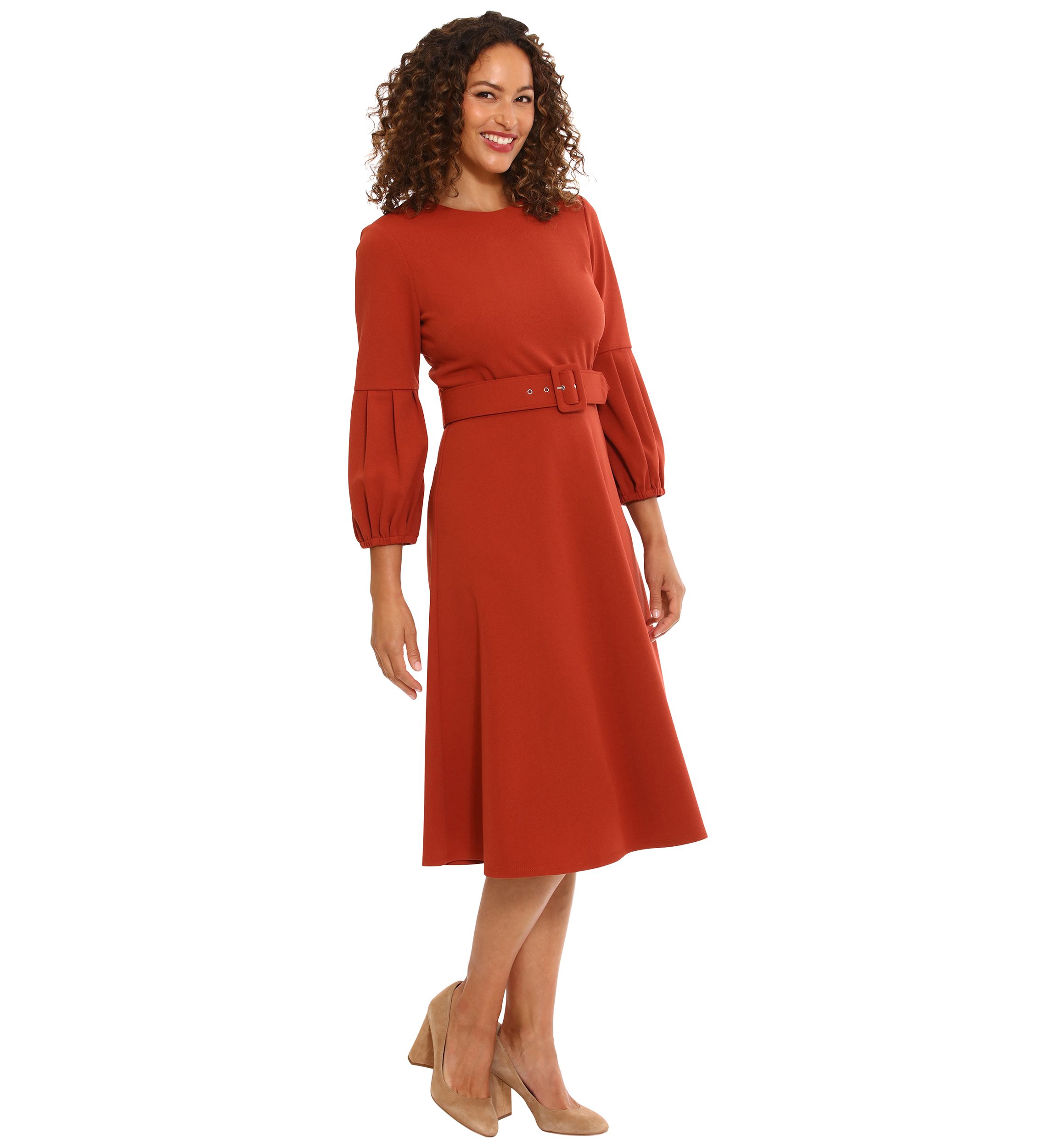 Womens Belted Fit and Flare Dress