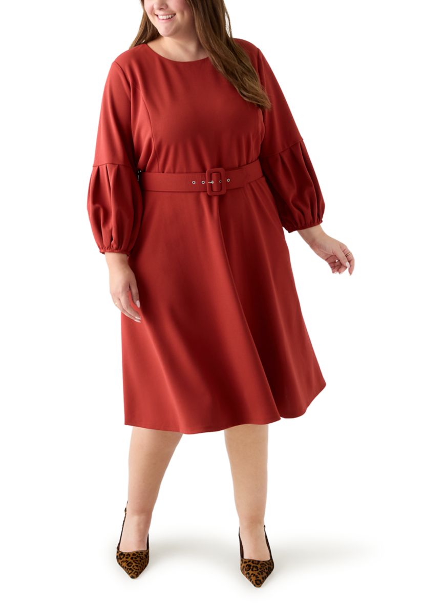 Plus Size Crew Neck Solid Scuba Midi Dress