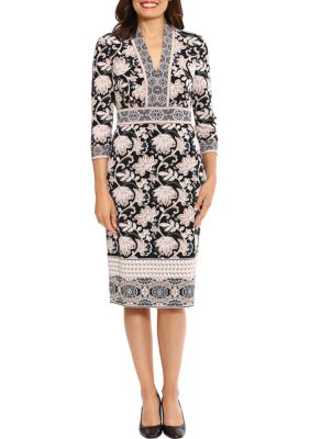 London Times Women’s 3/4 Sleeve Border Print Sheath Dress