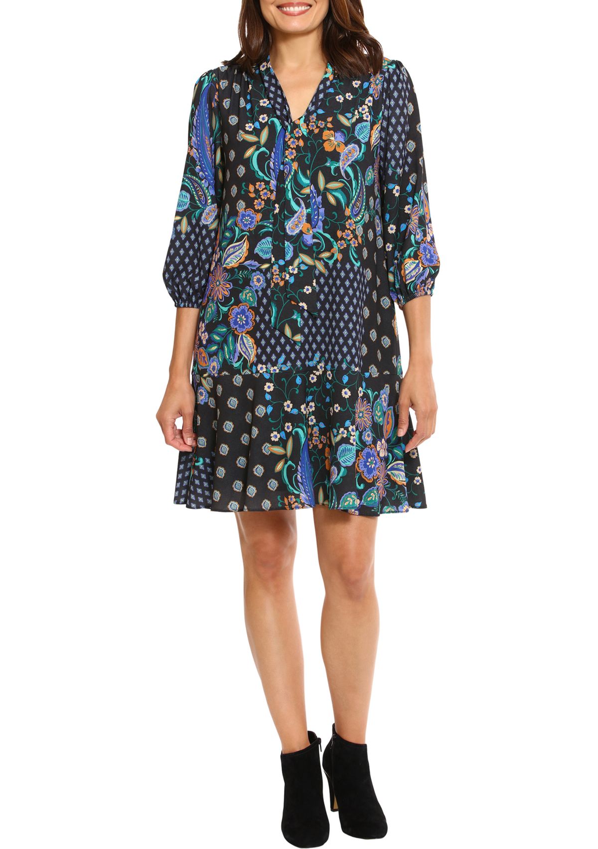 Womens 3/4 Sleeve Printed Crepe A-Line Dress 