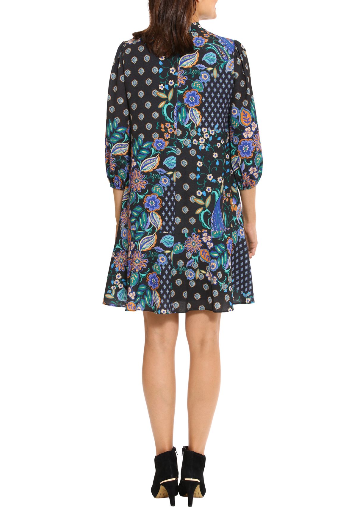 Womens 3/4 Sleeve Printed Crepe A-Line Dress 