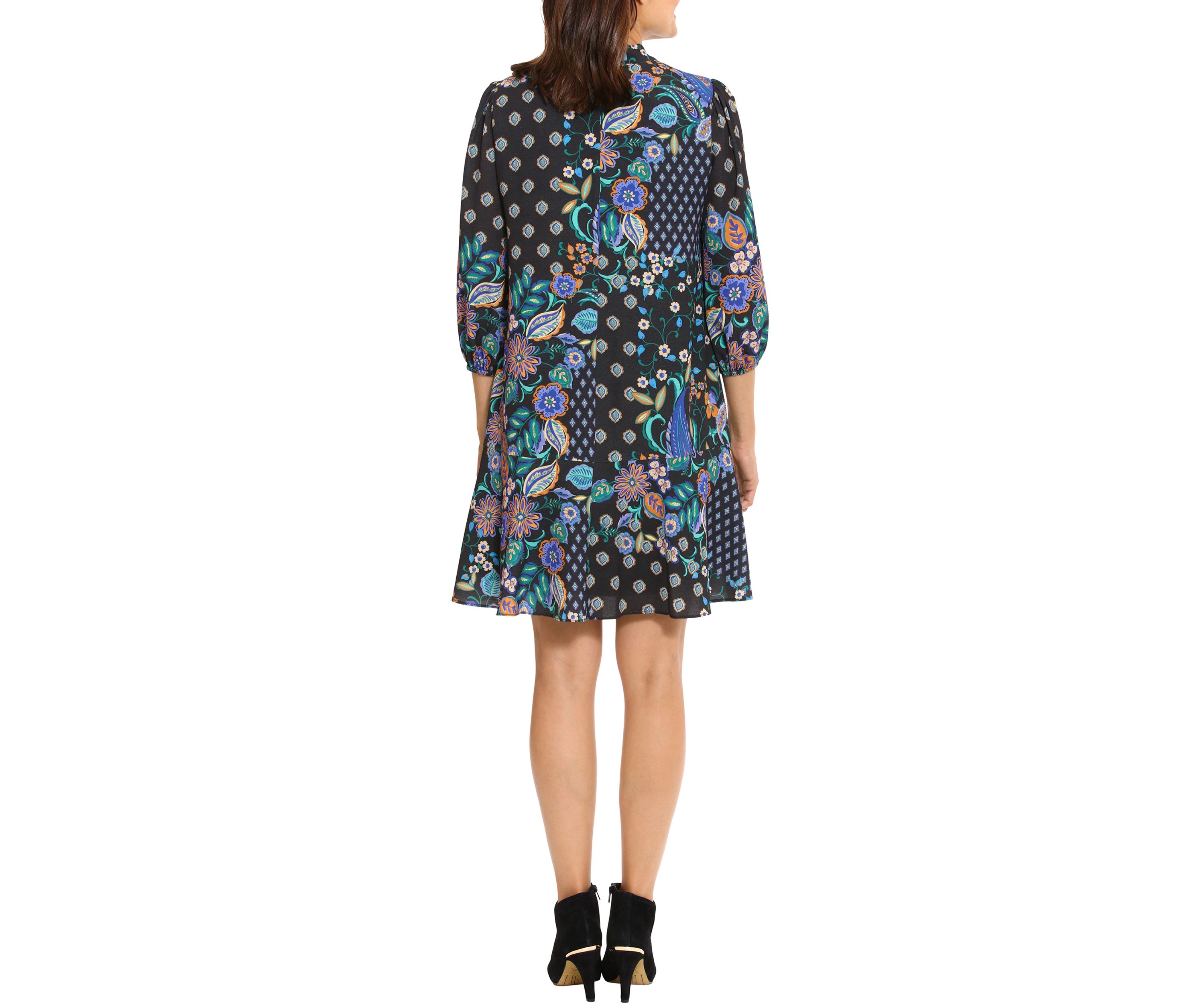 Womens 3/4 Sleeve Printed Crepe A-Line Dress 