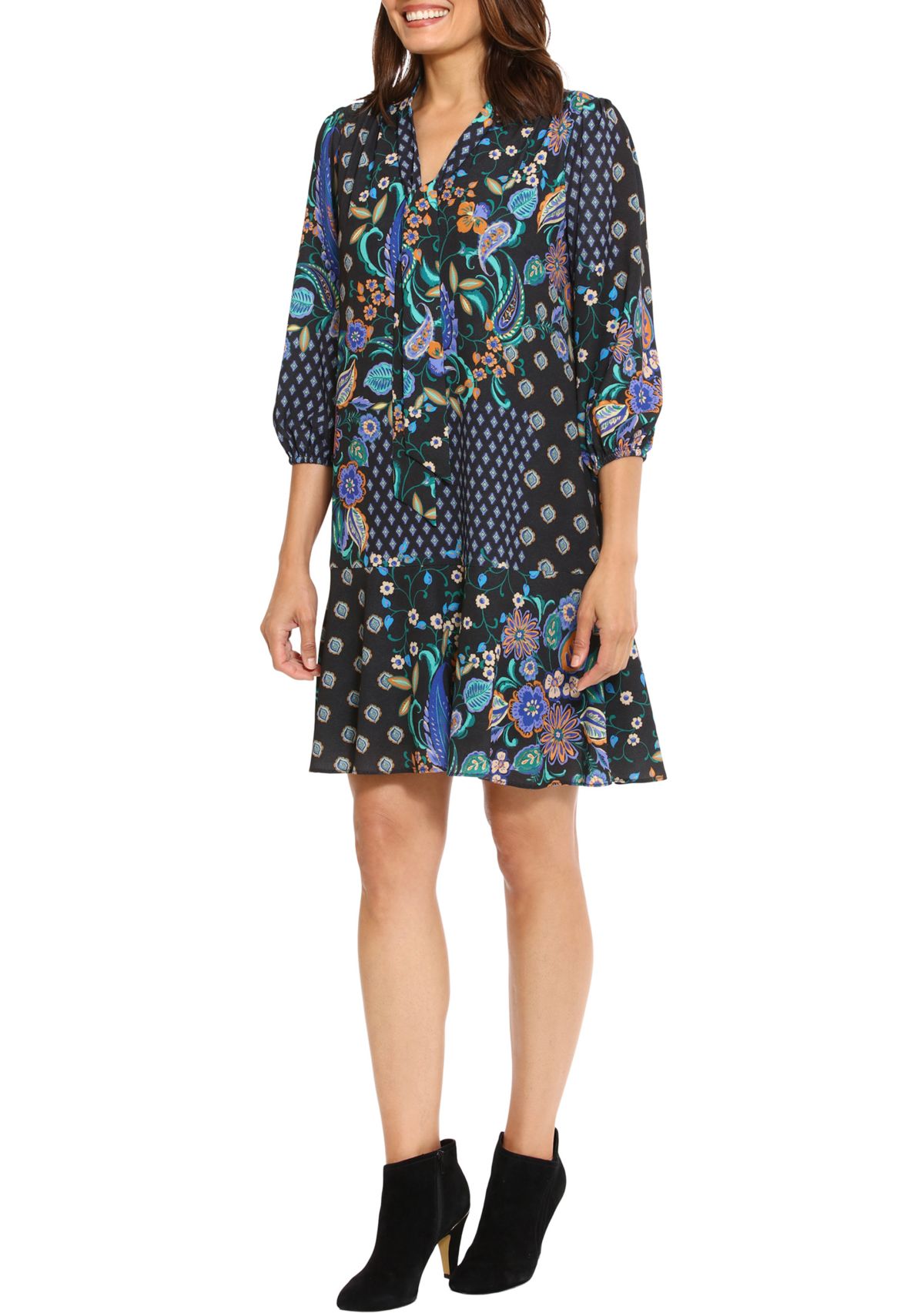 Womens 3/4 Sleeve Printed Crepe A-Line Dress 