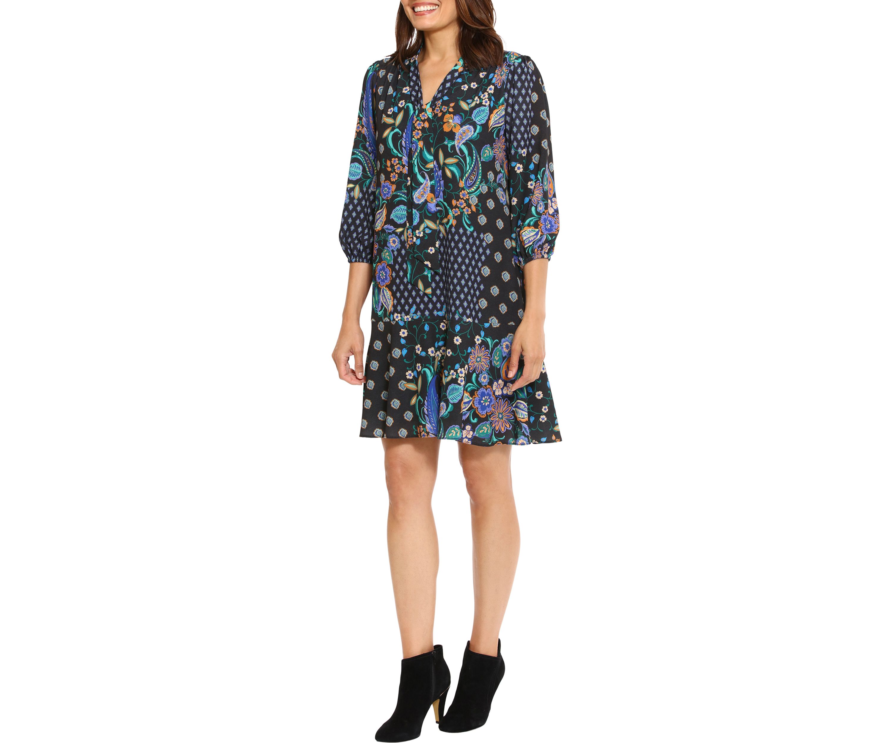Womens 3/4 Sleeve Printed Crepe A-Line Dress 
