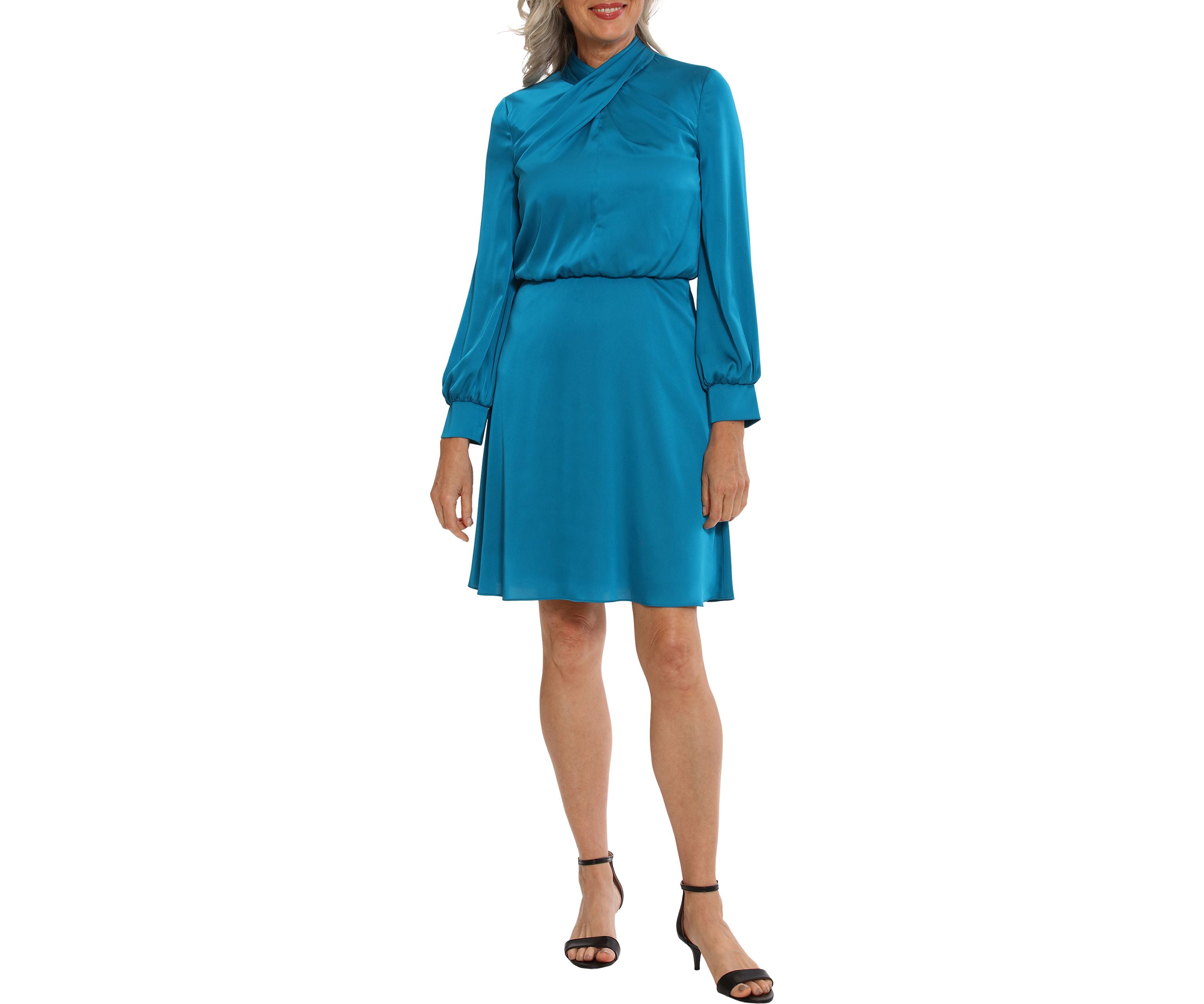 Twist Neck Solid Satin Fit and Flare Dress