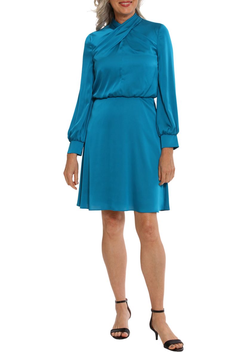 Twist Neck Solid Satin Fit and Flare Dress