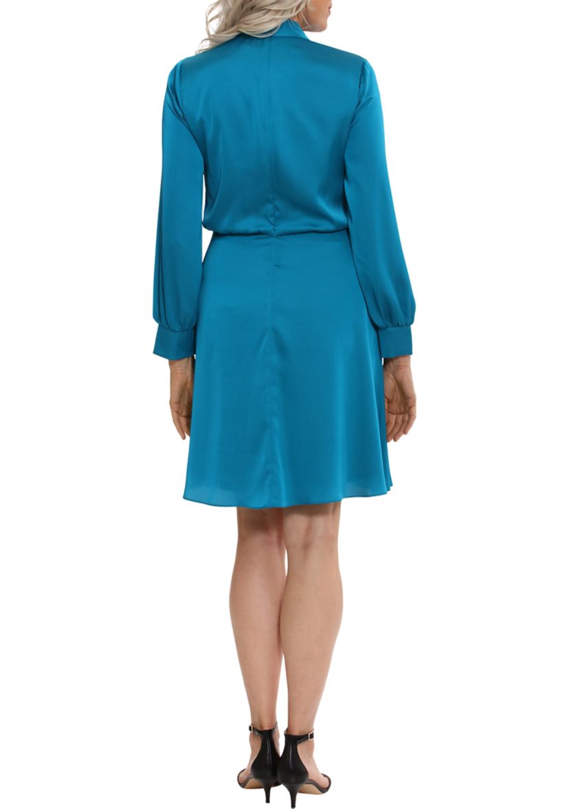 Twist Neck Solid Satin Fit and Flare Dress