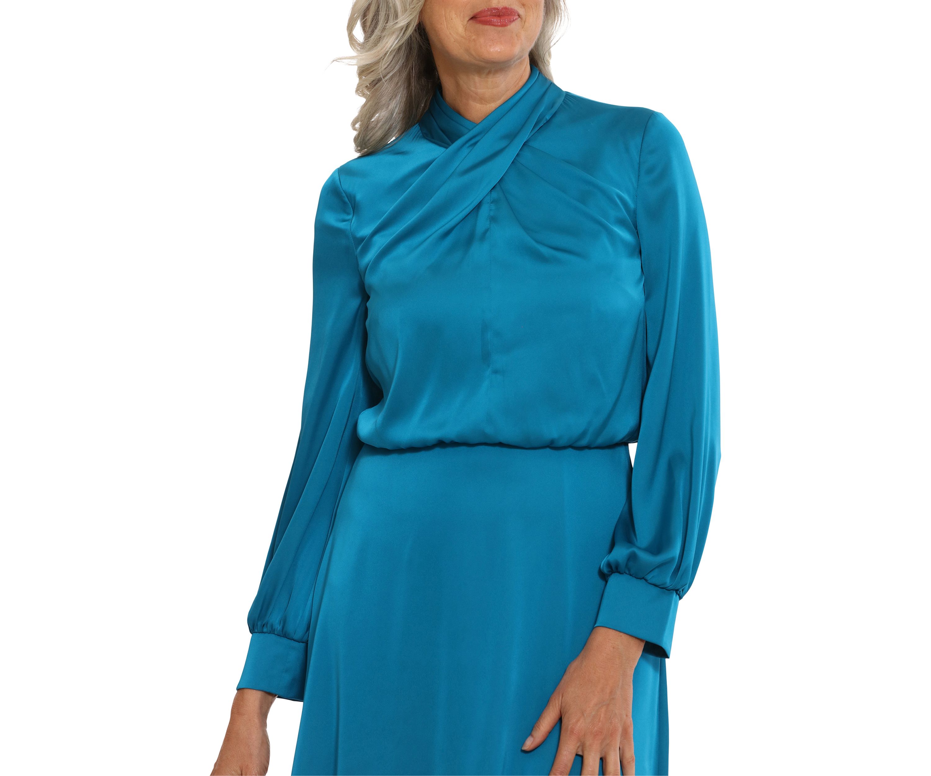 Twist Neck Solid Satin Fit and Flare Dress