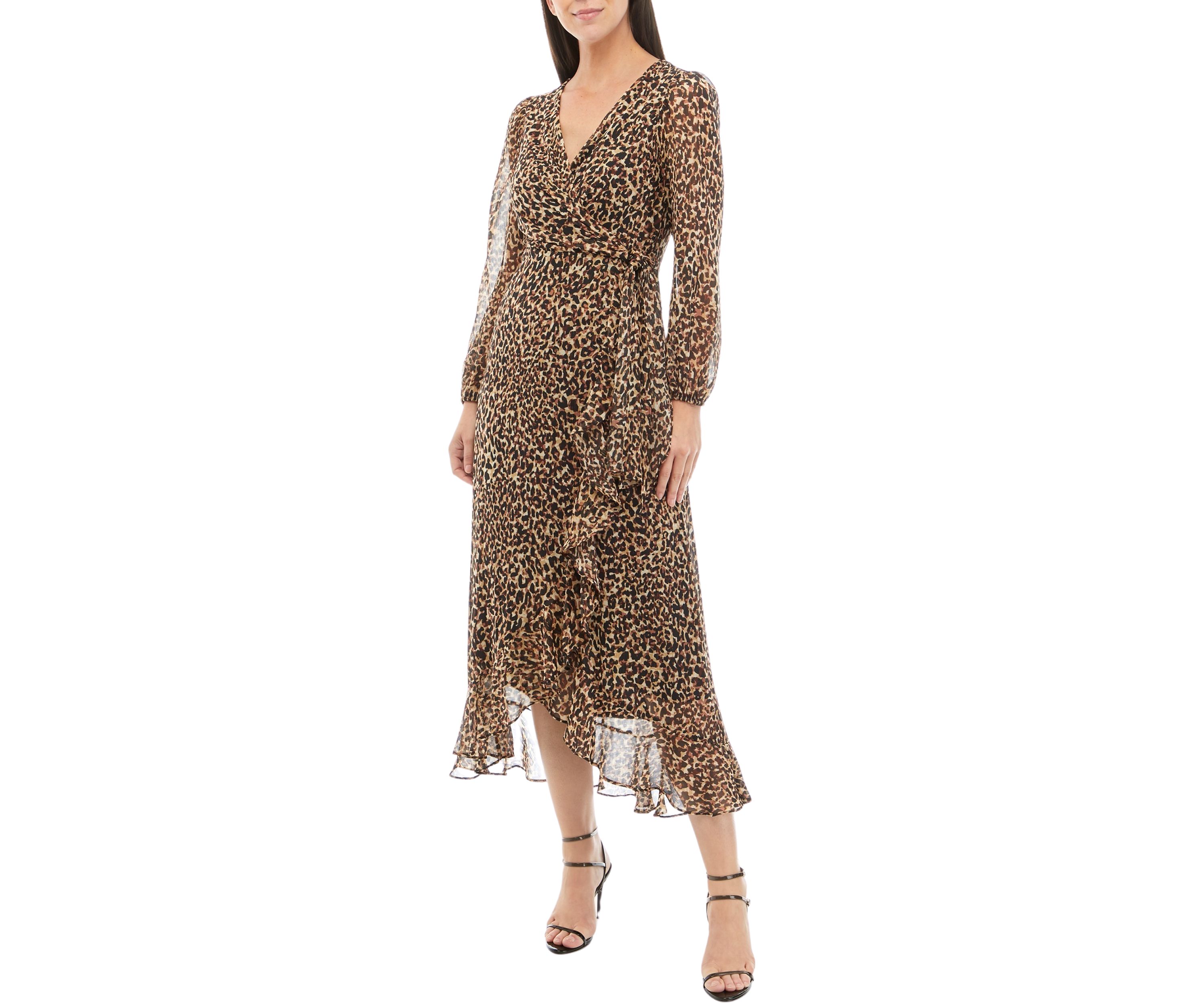 Womens Long Sleeve V-Neck Wrap Chiffon Animal Print Maxi Dress