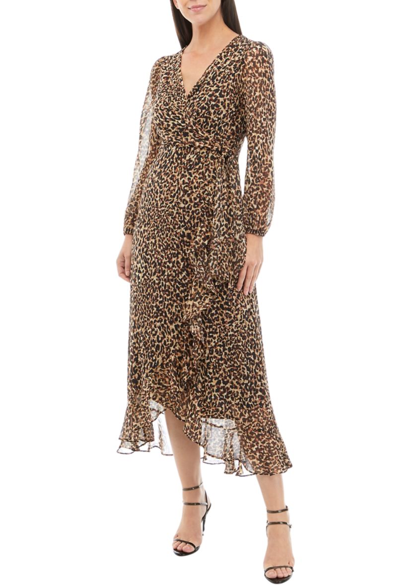 Womens Long Sleeve V-Neck Wrap Chiffon Animal Print Maxi Dress