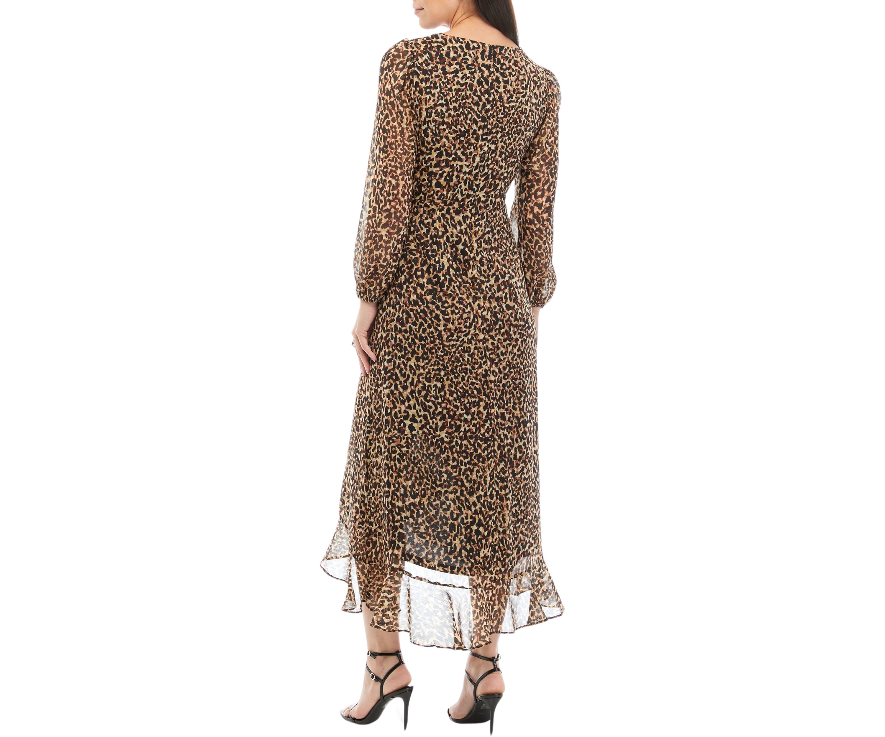 Womens Long Sleeve V-Neck Wrap Chiffon Animal Print Maxi Dress