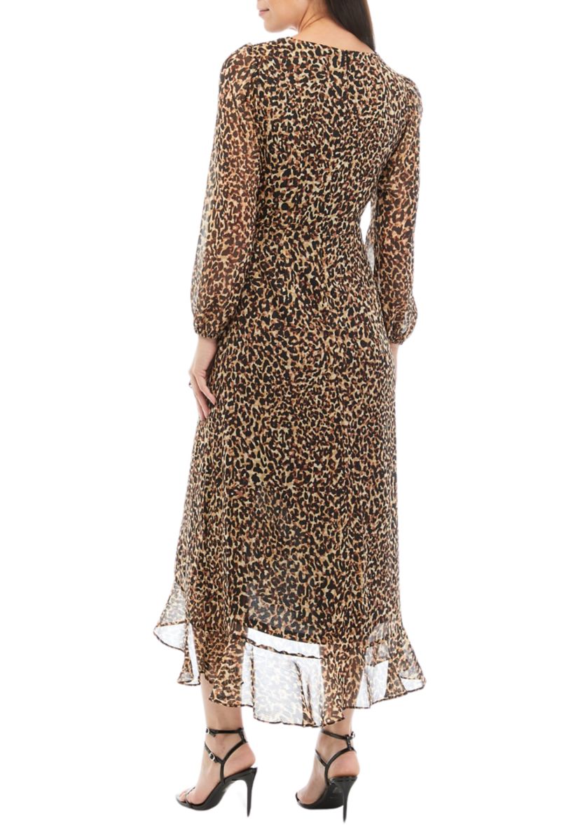 Womens Long Sleeve V-Neck Wrap Chiffon Animal Print Maxi Dress