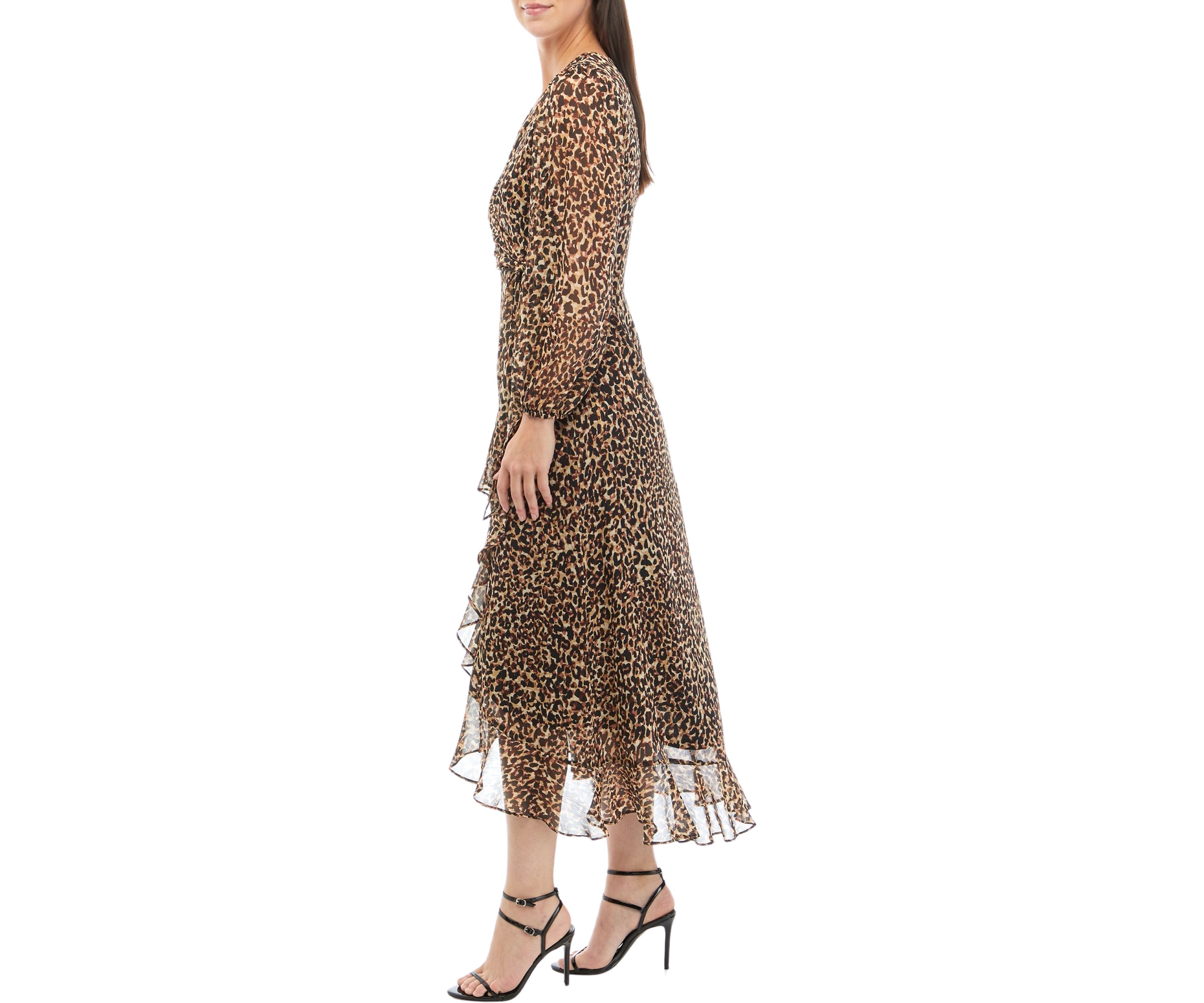 Womens Long Sleeve V-Neck Wrap Chiffon Animal Print Maxi Dress