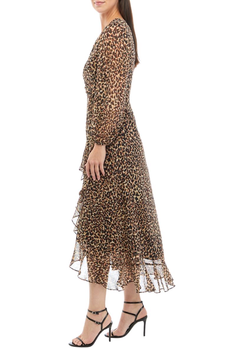 Womens Long Sleeve V-Neck Wrap Chiffon Animal Print Maxi Dress