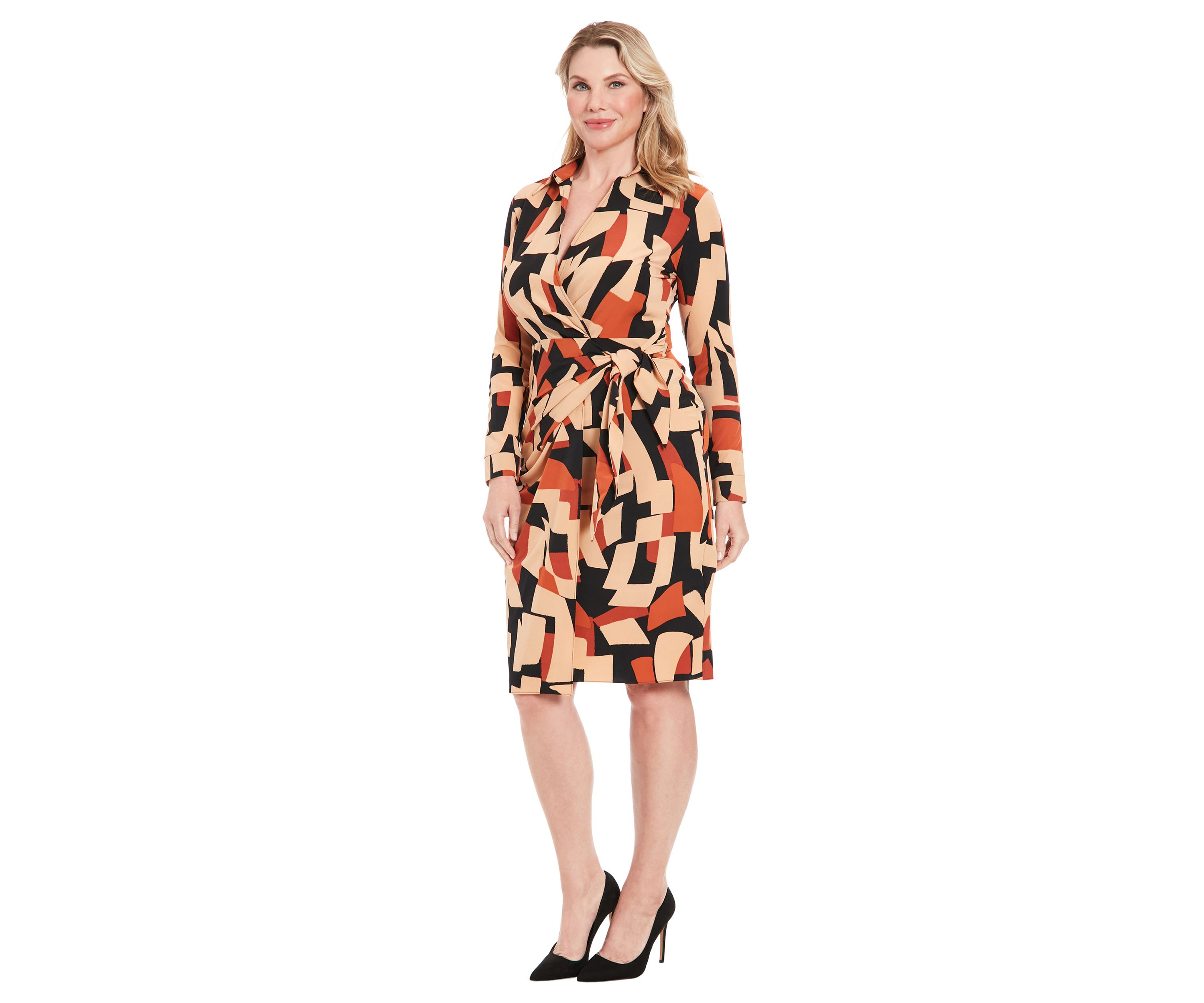 Womens Geometric Printed Wrap Fit and Flare Dress