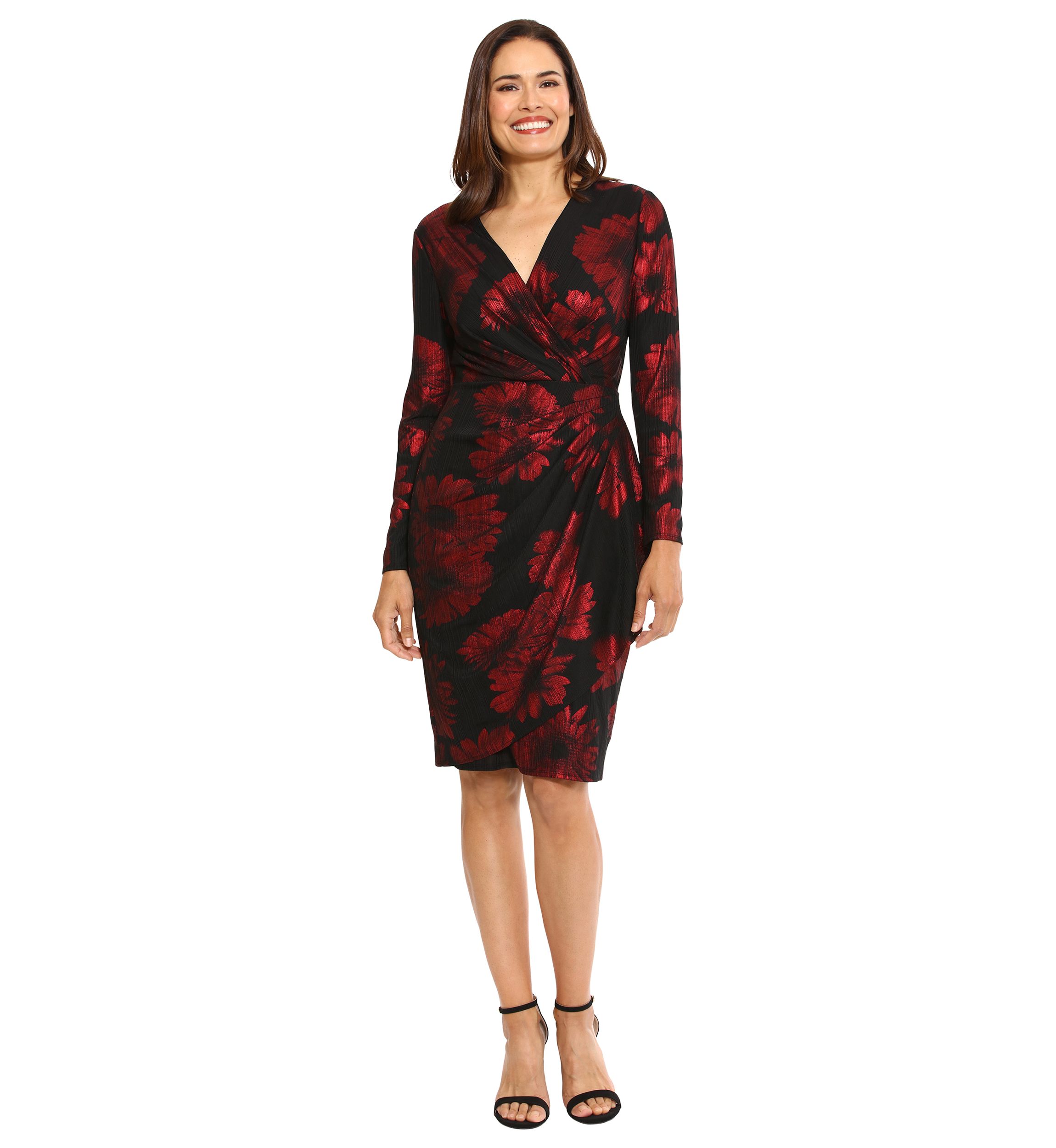 Womens Long Sleeve V-Neck Printed Sheath Dress