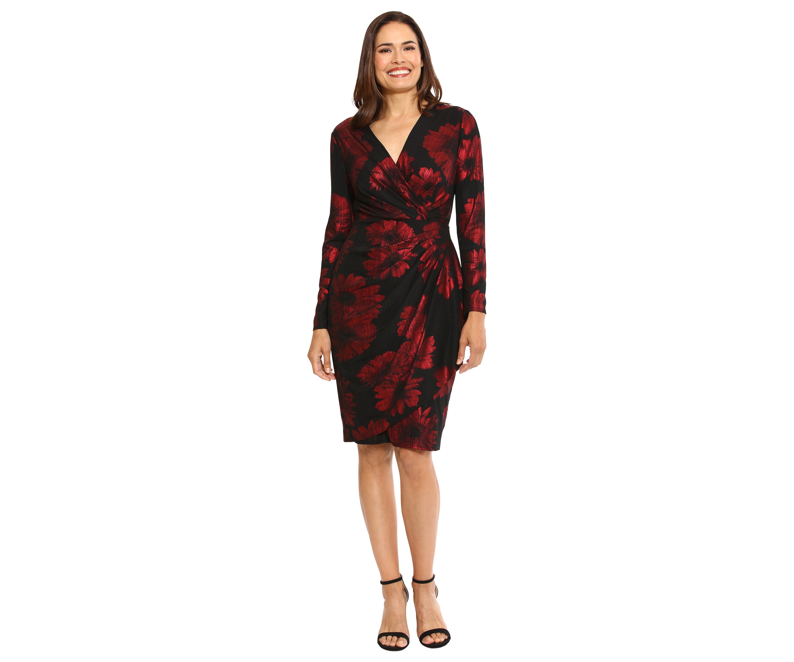 Womens Long Sleeve V-Neck Printed Sheath Dress