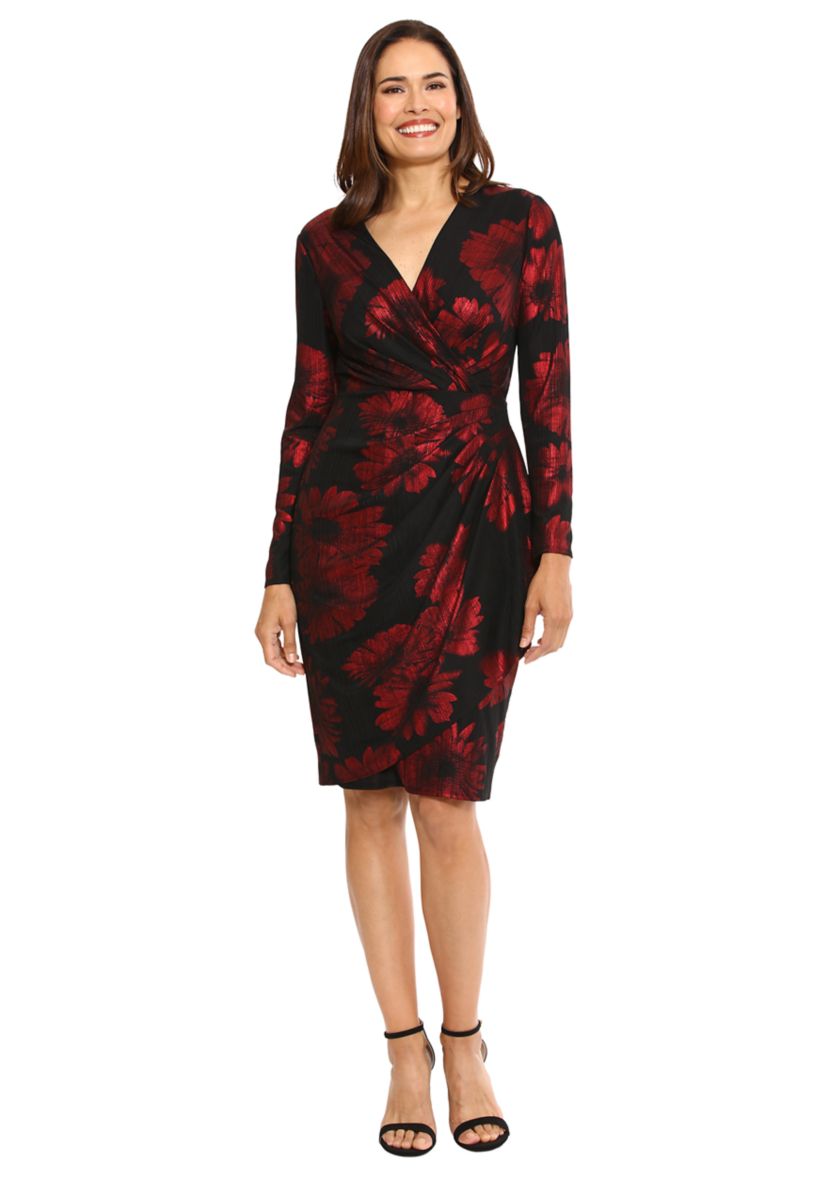 Womens Long Sleeve V-Neck Printed Sheath Dress