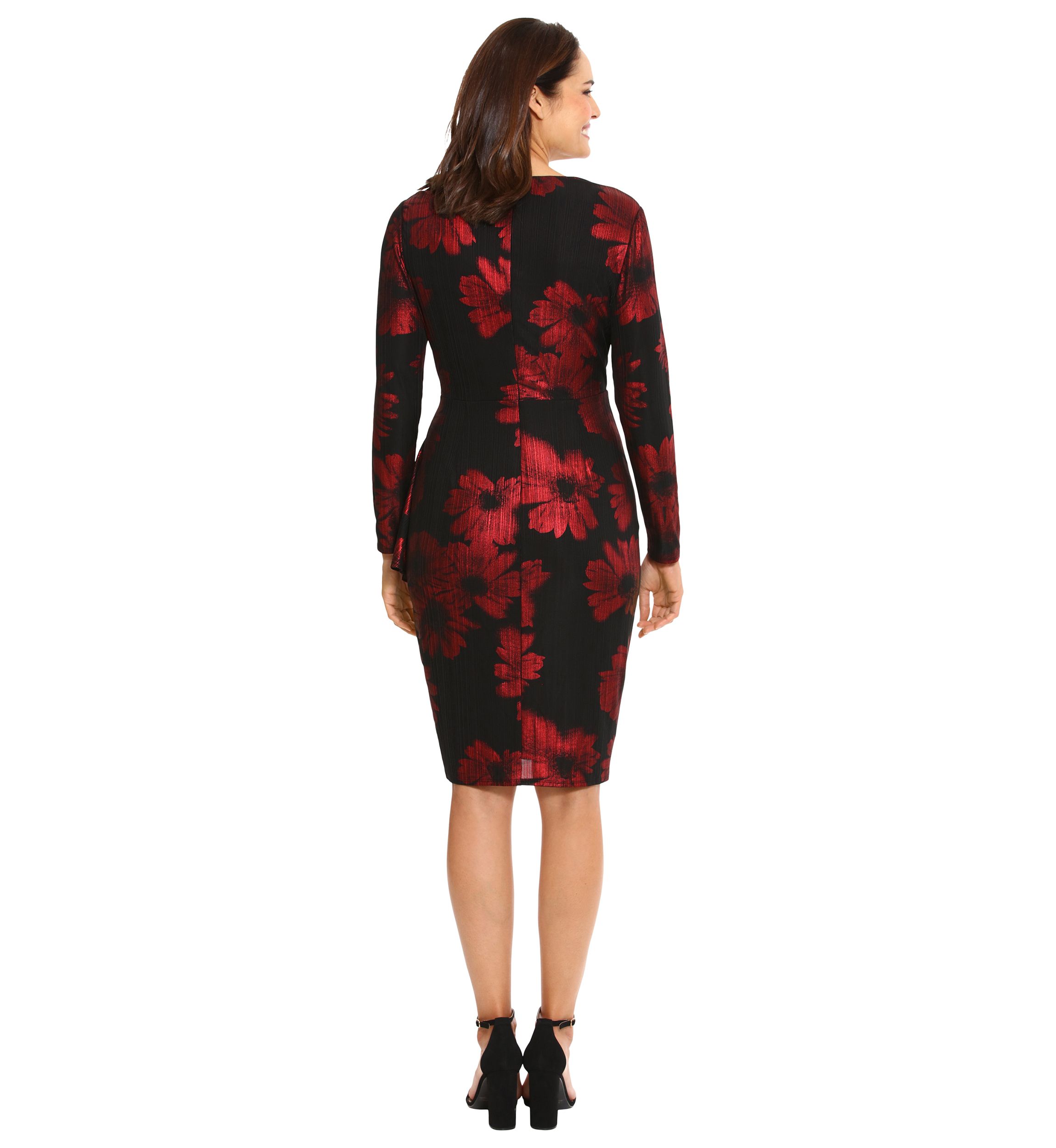 Womens Long Sleeve V-Neck Printed Sheath Dress