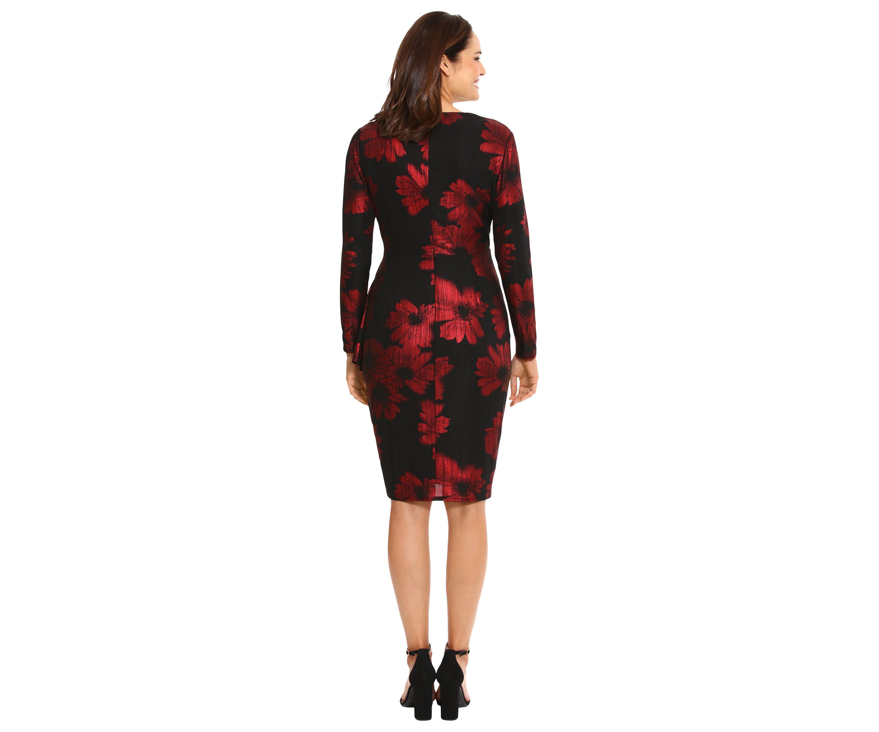 Womens Long Sleeve V-Neck Printed Sheath Dress