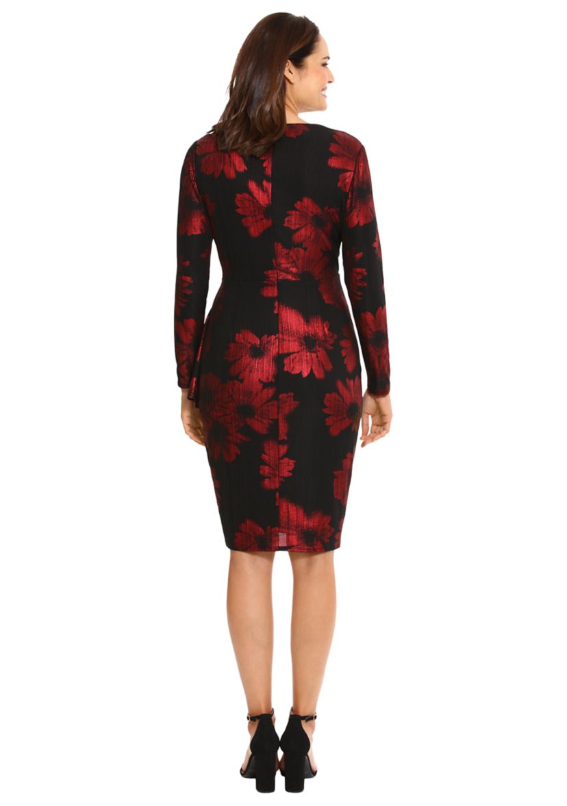 Womens Long Sleeve V-Neck Printed Sheath Dress