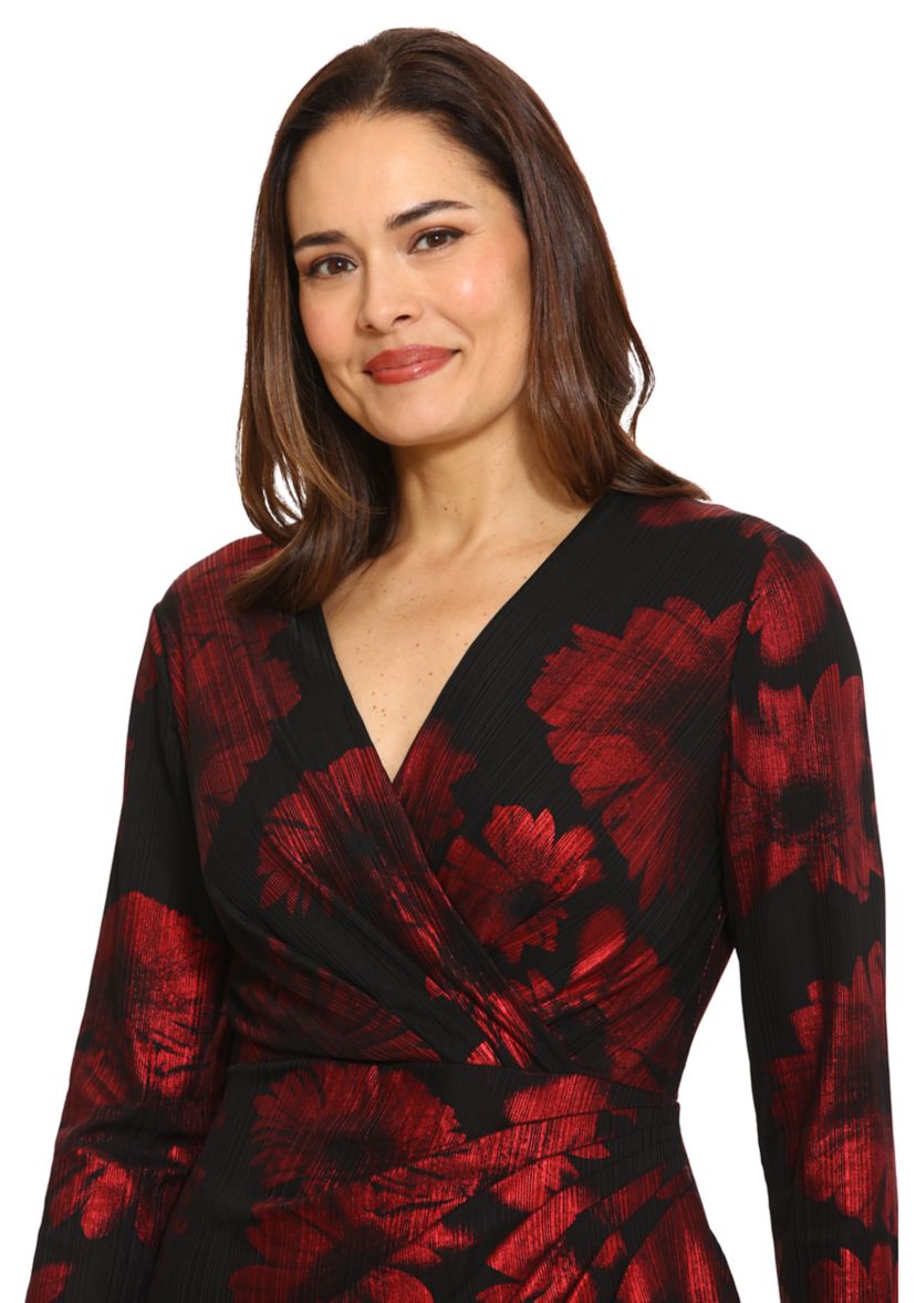 Womens Long Sleeve V-Neck Printed Sheath Dress