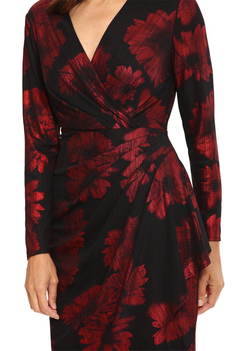 Womens Long Sleeve V-Neck Printed Sheath Dress