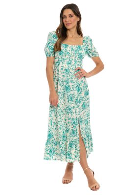 London Times Women's Short Sleeve Square Neck Ditsy Floral Dress, Teal, 10