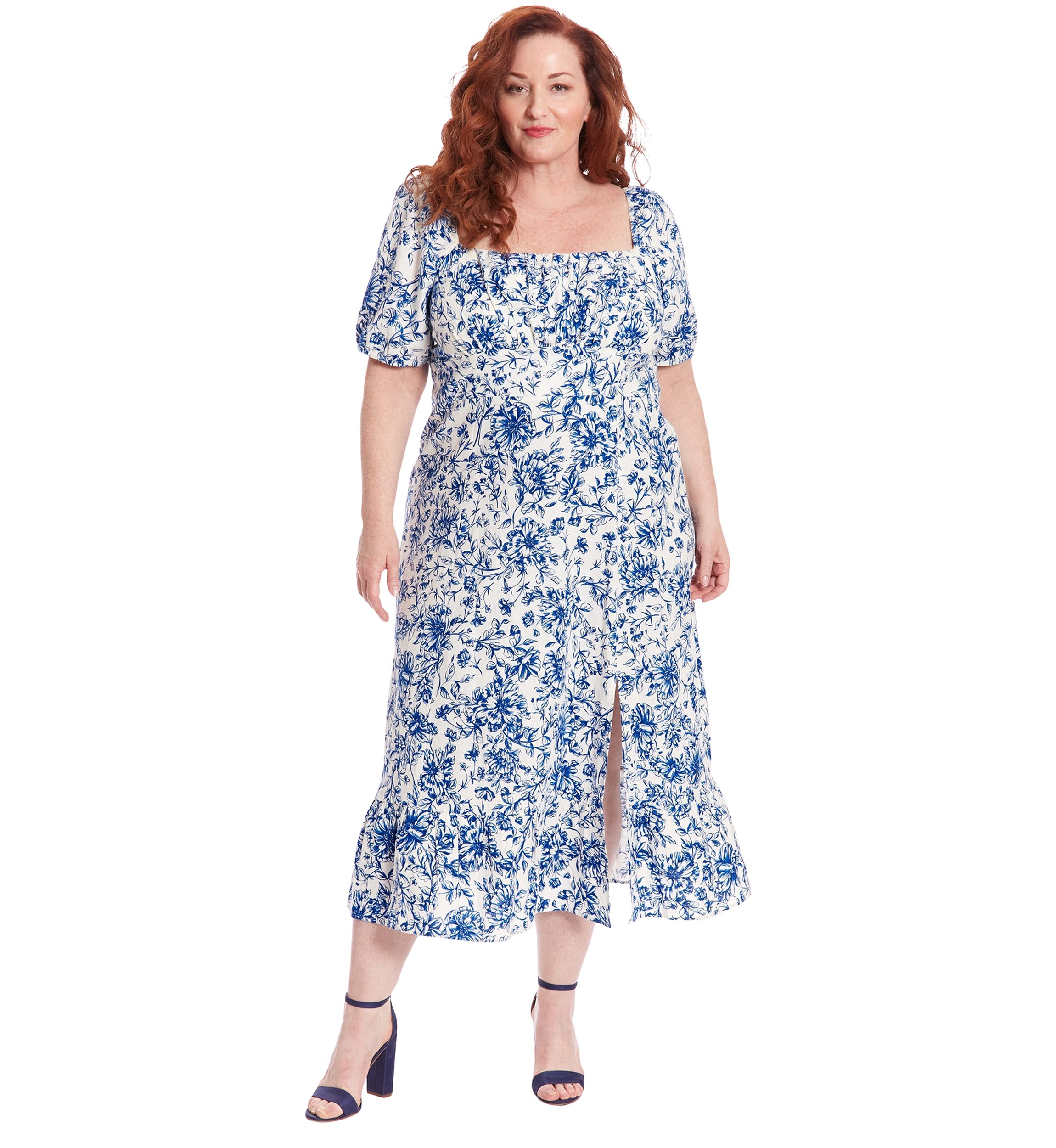 Plus Size Printed Linen Puff Sleeve Ruched Empire Smocked Back Midi Dress