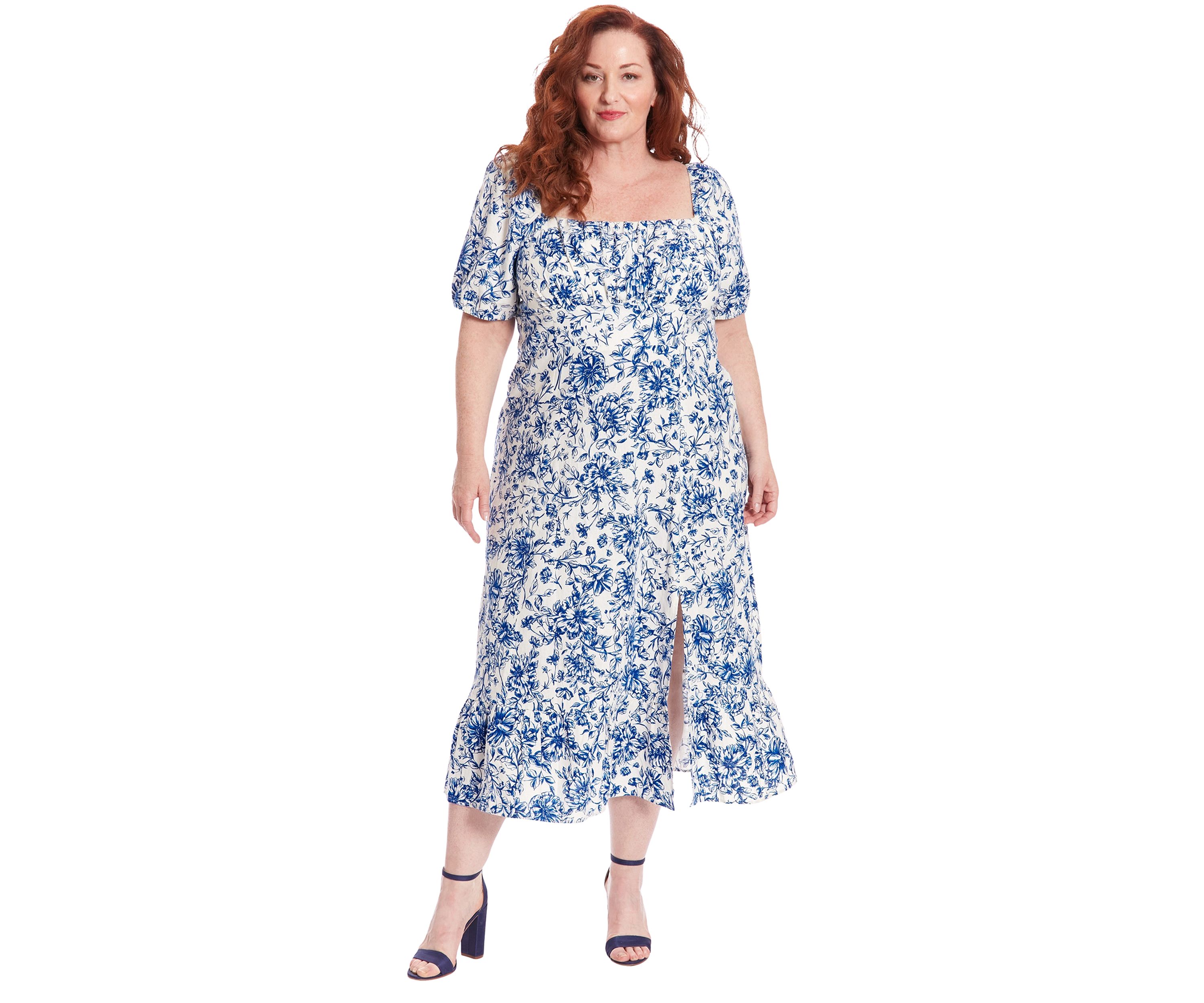 Plus Size Printed Linen Puff Sleeve Ruched Empire Smocked Back Midi Dress