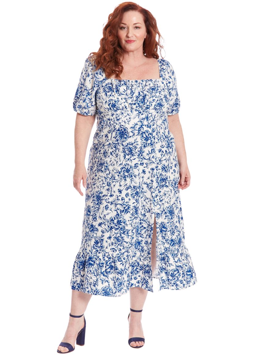 Plus Size Printed Linen Puff Sleeve Ruched Empire Smocked Back Midi Dress