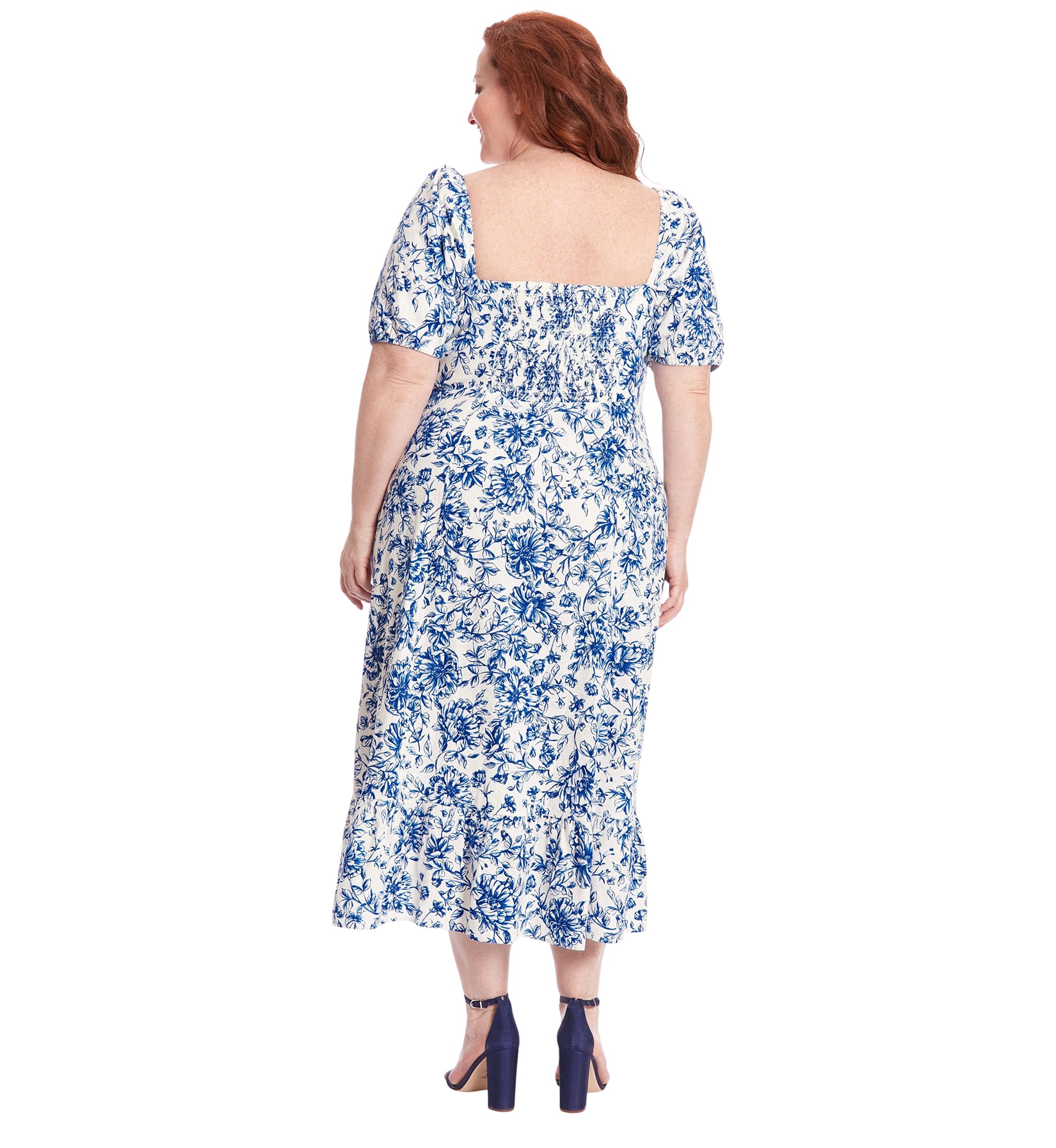 Plus Size Printed Linen Puff Sleeve Ruched Empire Smocked Back Midi Dress