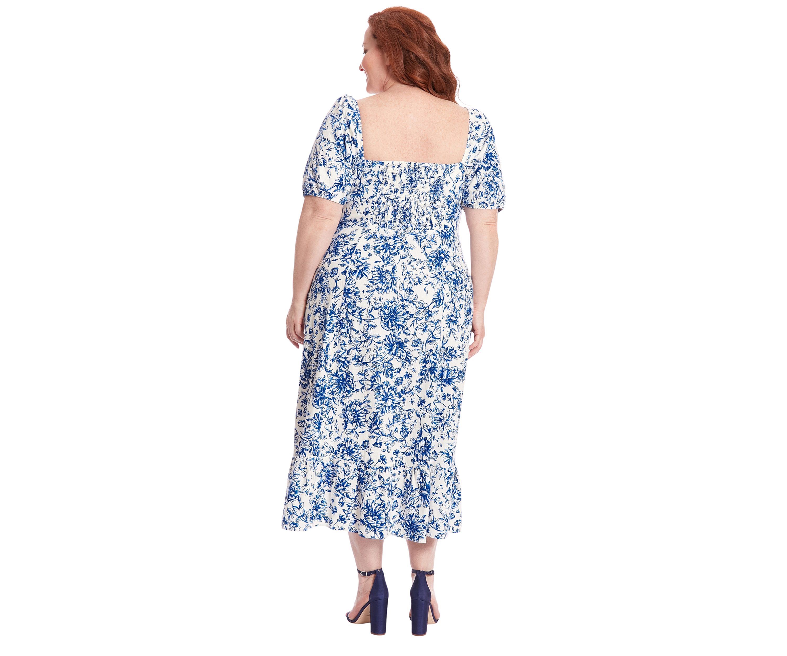 Plus Size Printed Linen Puff Sleeve Ruched Empire Smocked Back Midi Dress