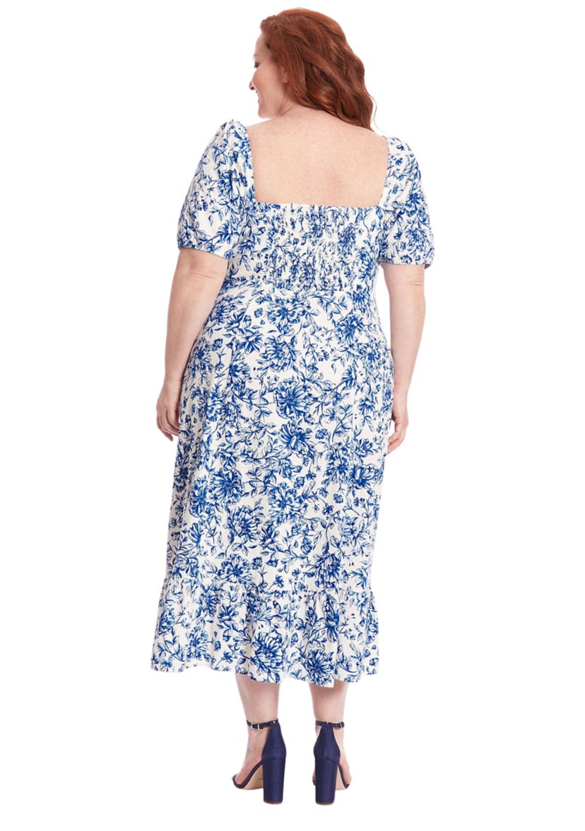 Plus Size Printed Linen Puff Sleeve Ruched Empire Smocked Back Midi Dress