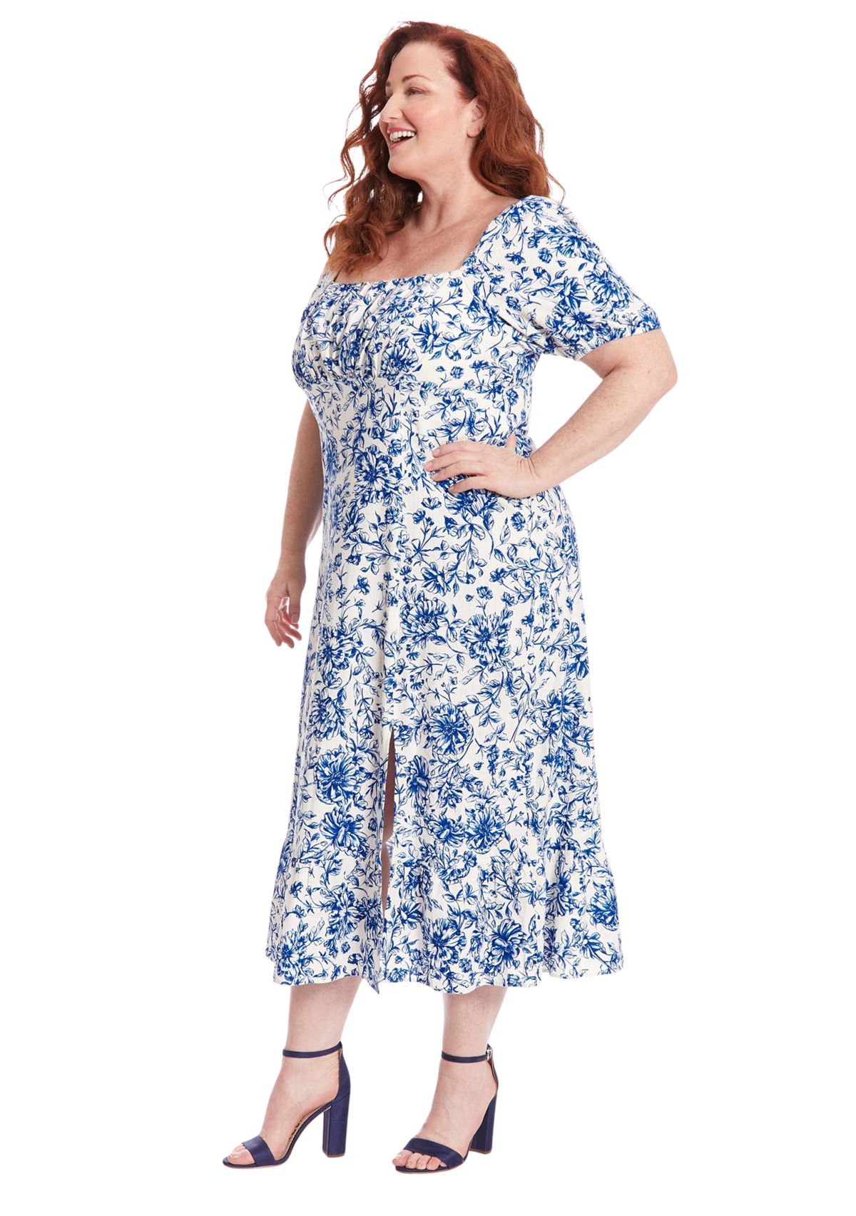 Plus Size Printed Linen Puff Sleeve Ruched Empire Smocked Back Midi Dress